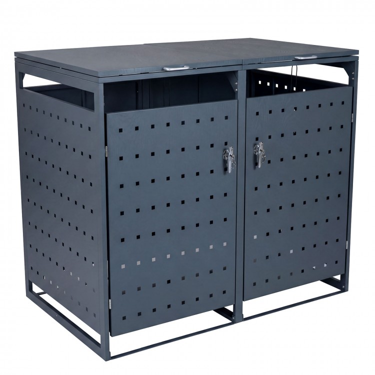 Outdoor metal garbage bin storage shed for two trash cans in gray, featuring reinforced structure and wide-opening.
