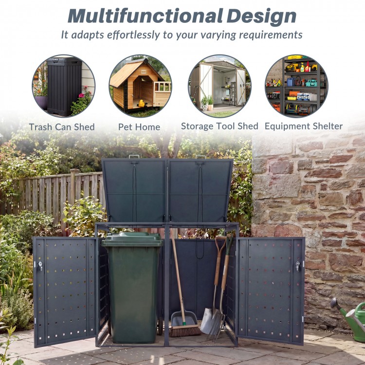 Outdoor metal garbage bin storage shed for 2 trash cans in gray, featuring wide-opening doors for easy access and.