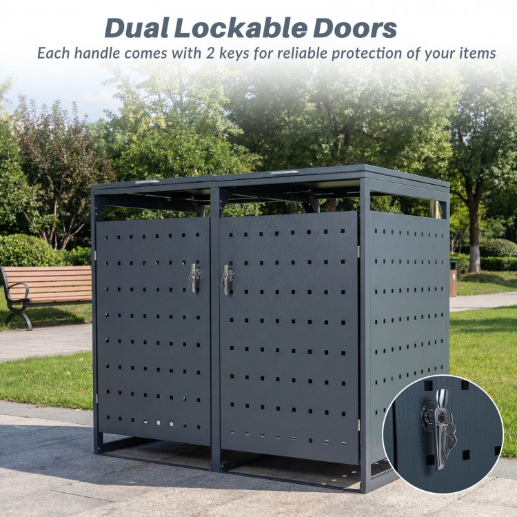 Outdoor metal garbage bin storage shed with dual lockable doors for secure trash can organization in gray.
