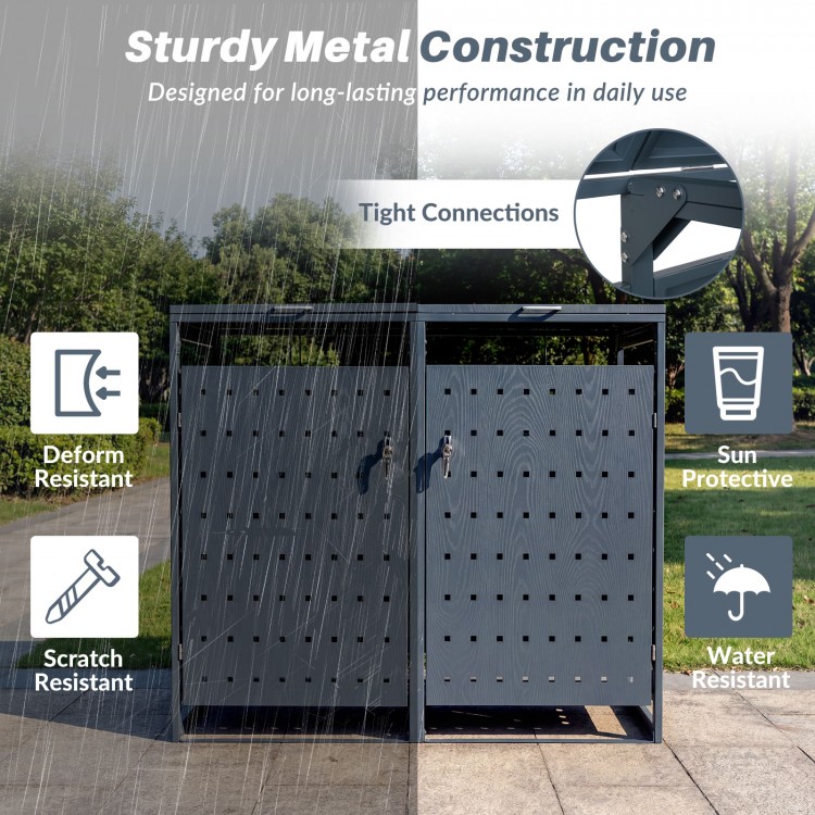 Outdoor metal garbage bin storage shed for 2 trash cans in gray, featuring sturdy construction and water-resistant.