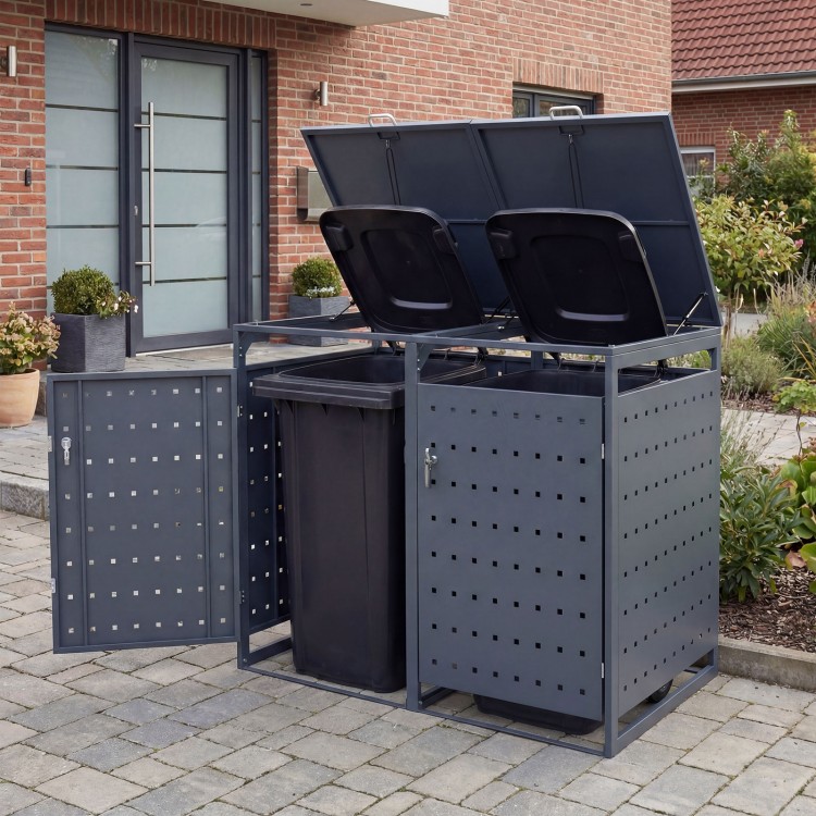Outdoor metal garbage bin storage shed for 2 trash cans, gray, with reinforced structure and wide-opening front doors.