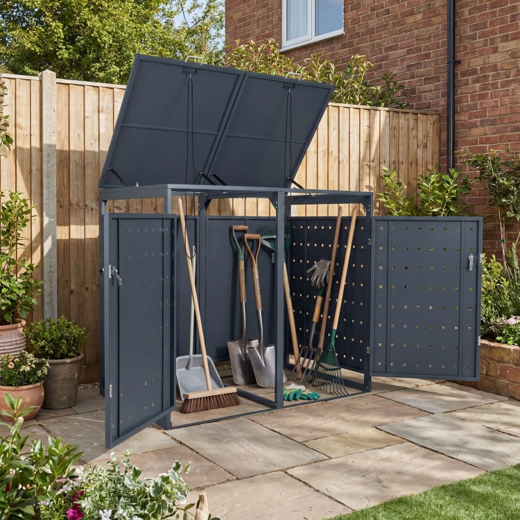 Outdoor metal garbage bin storage shed in gray, designed for dual trash can organization and easy access in the garden.