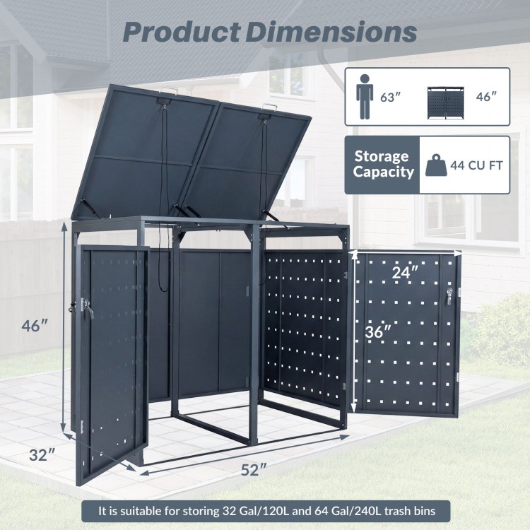 Outdoor metal garbage bin storage shed with dual trash can capacity, 44 cu ft, ideal for organized waste separation.