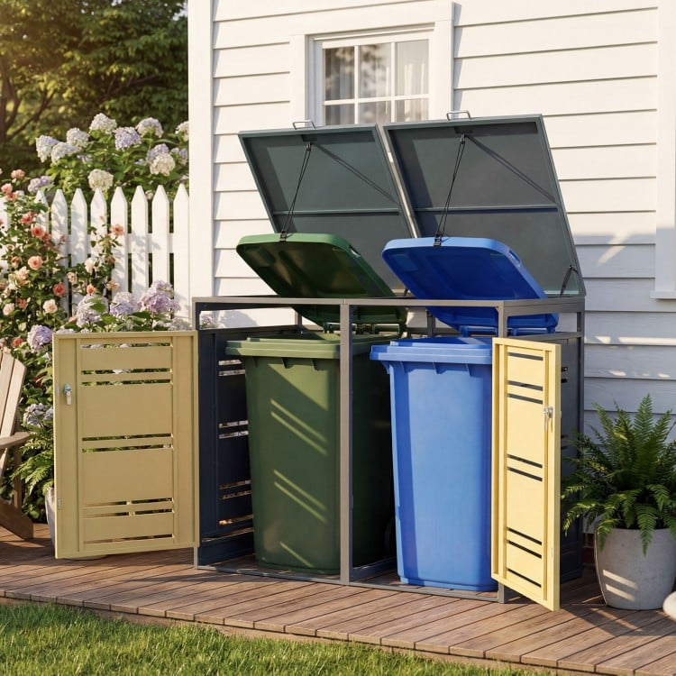 Outdoor metal garbage bin storage shed for two trash cans, featuring yellow doors and gas-strut lids for easy access.