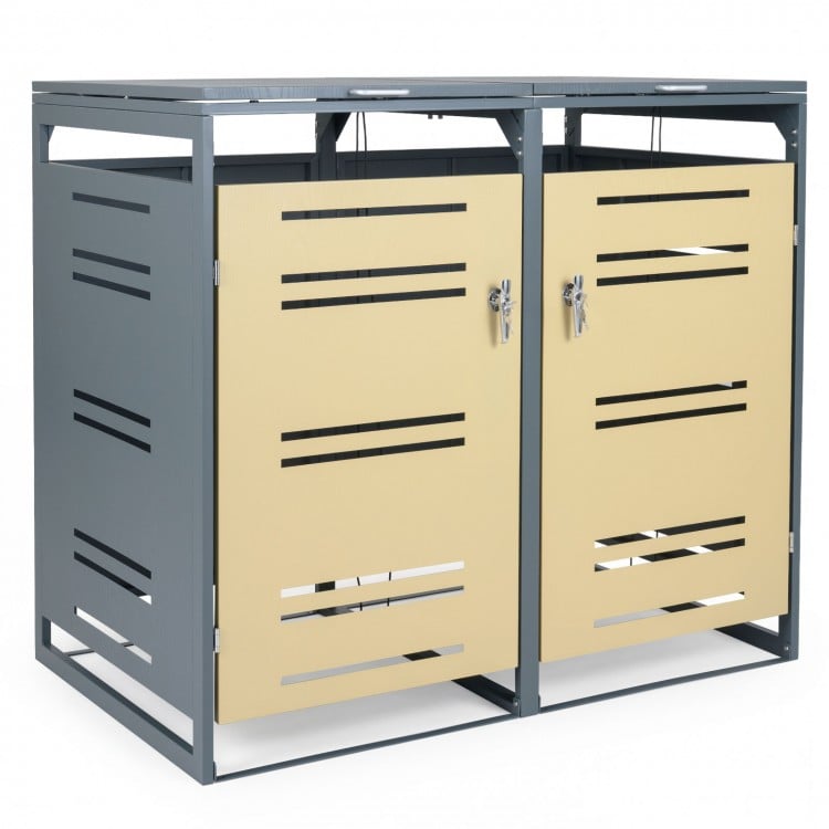 Outdoor metal garbage bin storage shed for 2 trash cans, featuring a yellow finish and reinforced metal frame for.