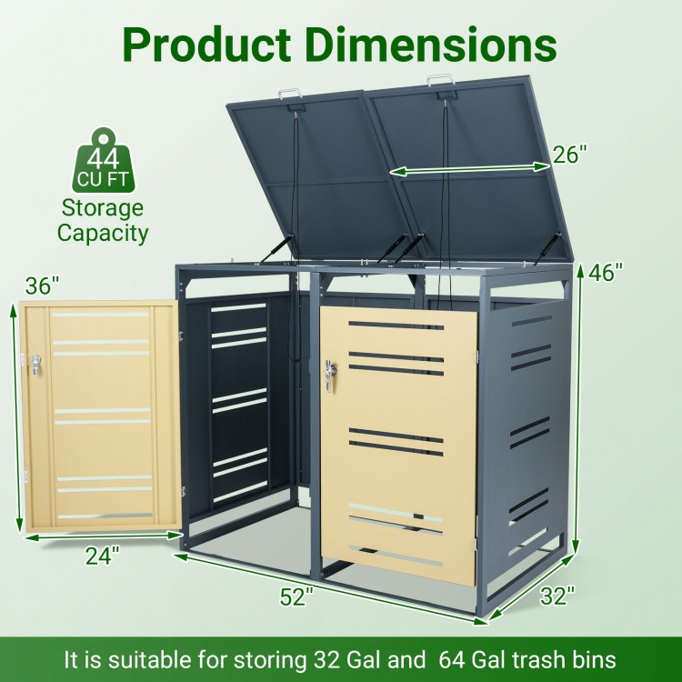 Outdoor metal garbage bin storage shed with dual-bin capacity for 32 Gal and 64 Gal trash cans, featuring gas-strut.