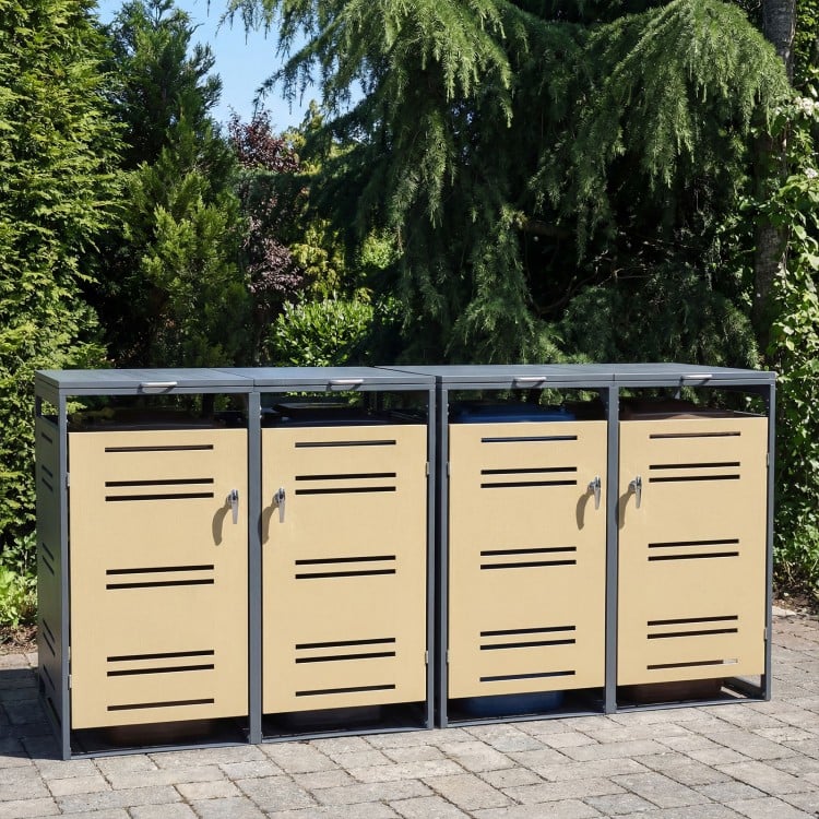 Outdoor metal garbage bin storage shed in yellow for two trash cans, featuring gas-strut lids and lockable handles.