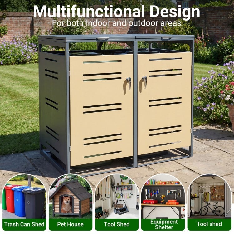 Outdoor metal garbage bin storage shed in yellow, showcasing wide-opening front doors for easy bin access and cleaning.