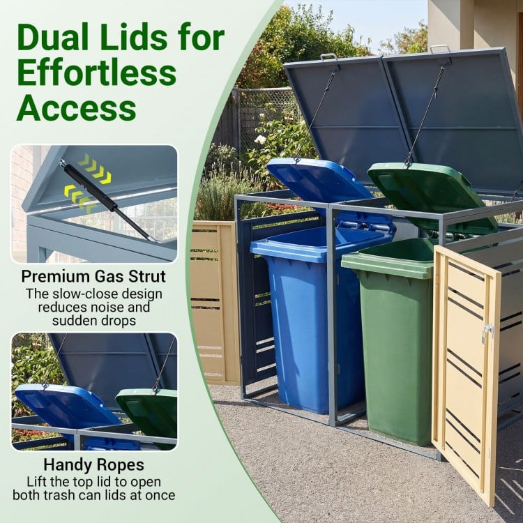 Outdoor metal garbage bin storage shed with dual lids, gas struts, and reinforced frame for organized waste management.