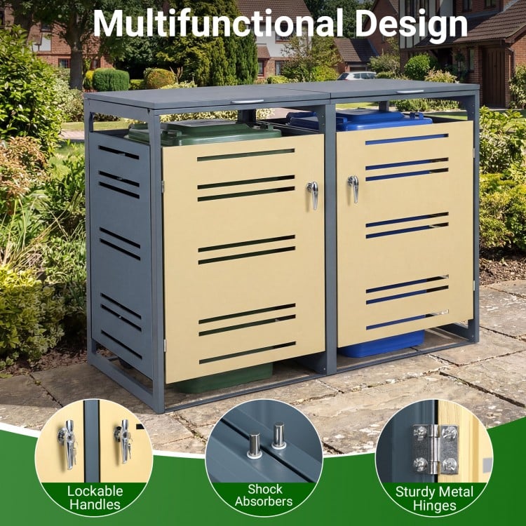 Outdoor metal garbage bin storage shed for 2 trash cans in yellow with lockable handles and sturdy metal hinges.