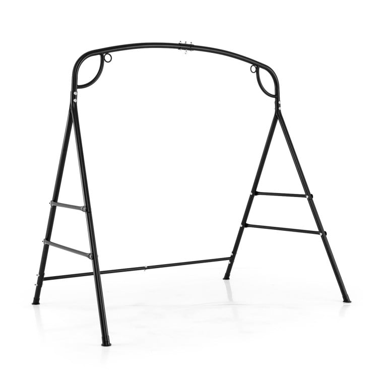 Black outdoor metal swing stand with heavy-duty A-frame, designed for 660 lbs load, featuring 4 support bars.