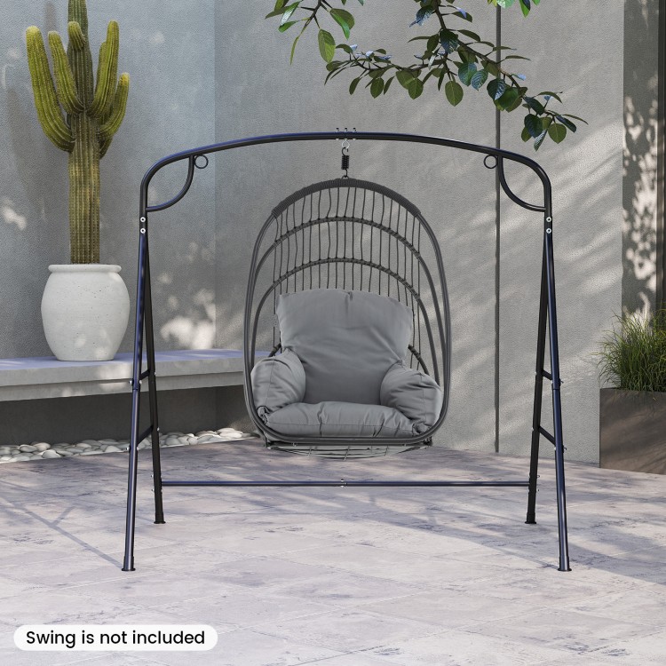 Outdoor metal swing stand in black with 4 support bars, designed for stability and suitable for various hanging chairs.