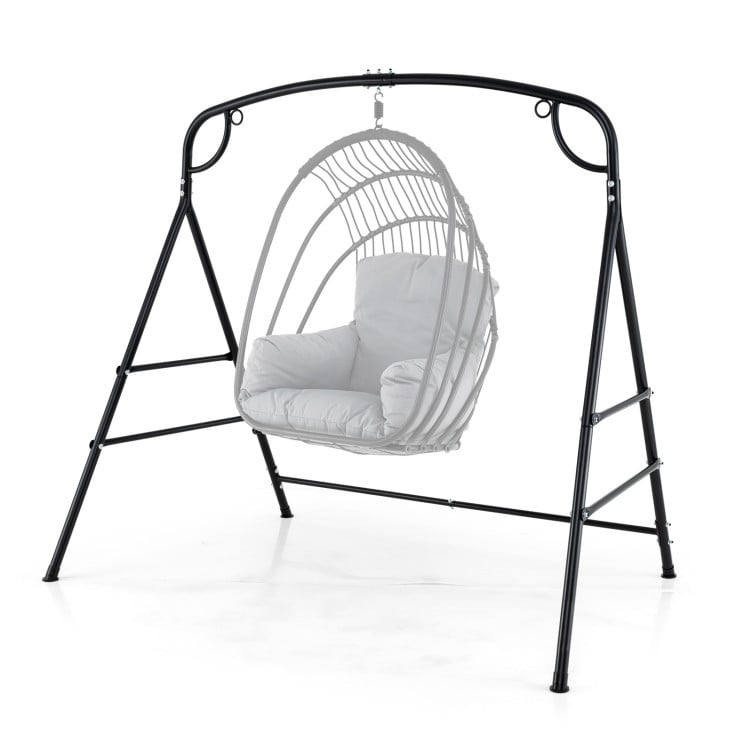 Black outdoor metal swing stand with heavy-duty frame, designed for single-point and 2-point hanging options.