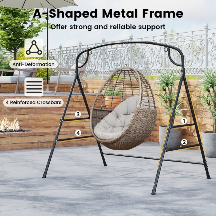 Outdoor metal swing stand with A-shaped frame, 4 support bars, and sturdy design for hanging chairs and hammocks.