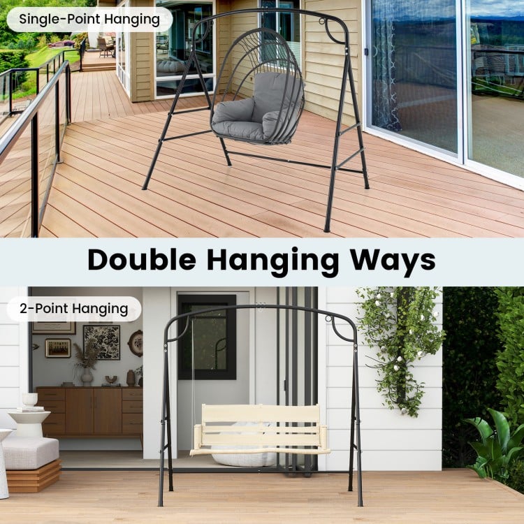 Outdoor metal swing stand in black with 4 support bars, showcasing single-point and 2-point hanging options.