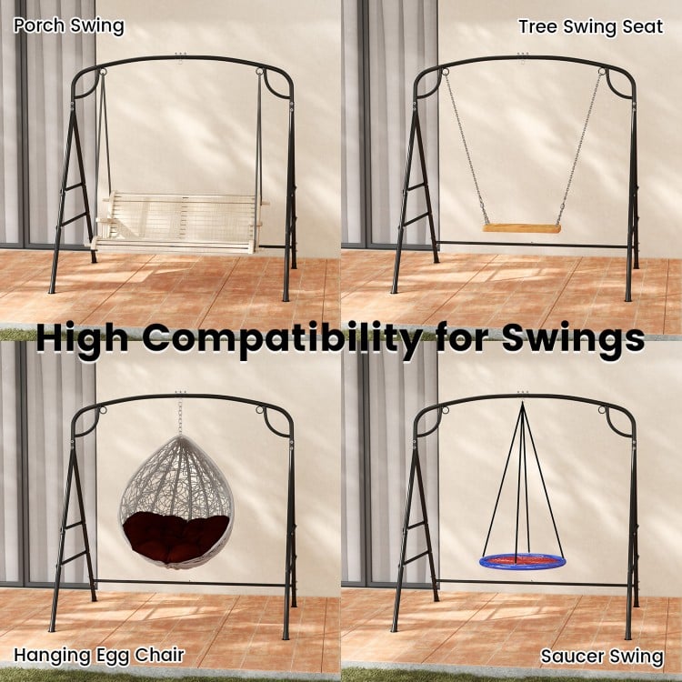 Outdoor metal swing stand with 4 support bars, designed for porch swings and hanging egg chairs, supports 660 lbs.