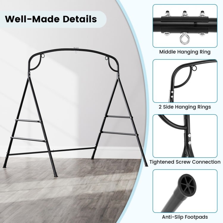 Outdoor metal swing stand featuring a heavy-duty frame, 4 support bars, and anti-slip footpads for stability.
