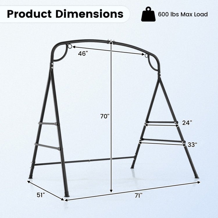 Outdoor metal swing stand dimensions showing a heavy-duty frame with 600 lbs max load, ideal for various hanging.