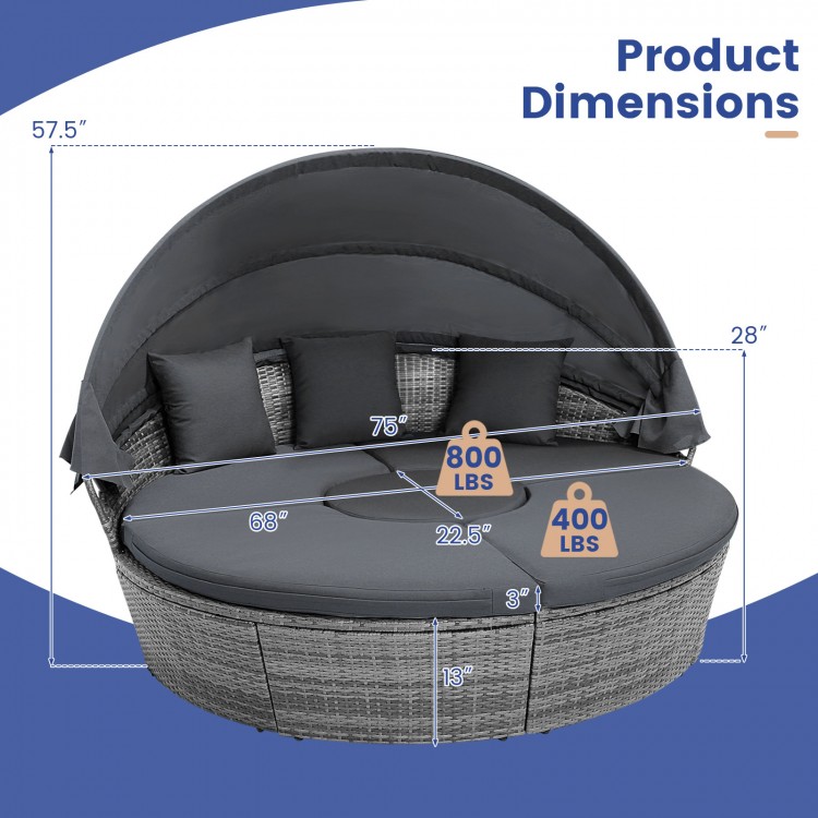 Round outdoor daybed with retractable canopy, gray PE wicker, and cushions, ideal for backyard or poolside relaxation.