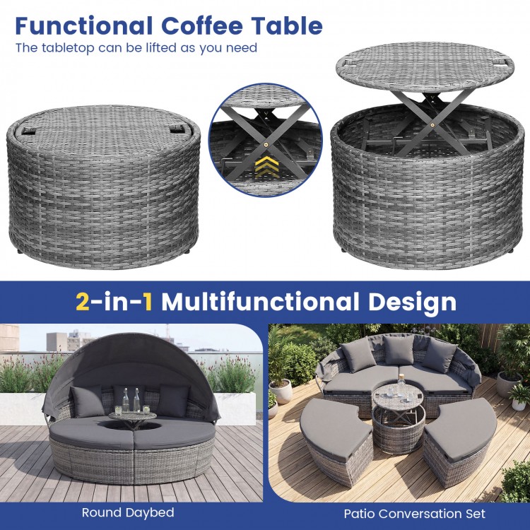 Round daybed with retractable canopy and cushions in gray PE wicker, perfect for outdoor relaxation and conversation.