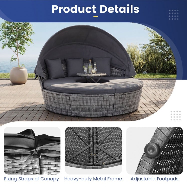 Round outdoor daybed with retractable canopy, gray PE wicker, heavy-duty metal frame, ideal for backyard relaxation.