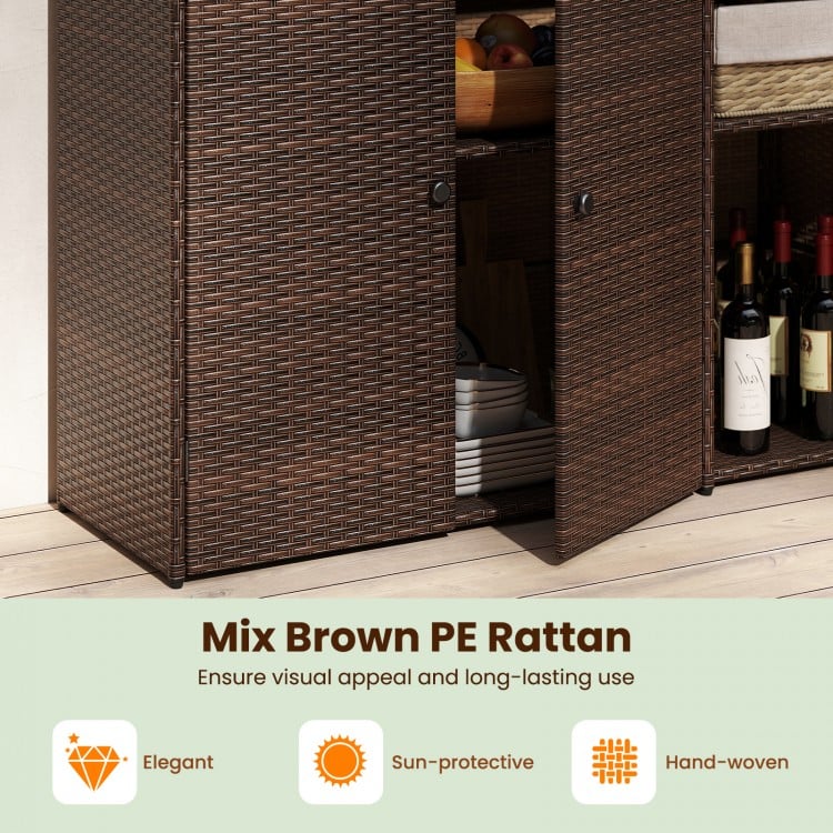 Outdoor PE wicker storage cabinet in mix brown with 3 doors and adjustable shelves, ideal for patio and deck.