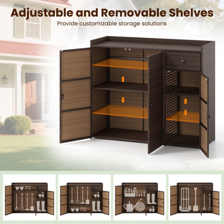 Outdoor PE wicker storage cabinet with a wide countertop, ideal for organizing essentials on the deck or patio.
