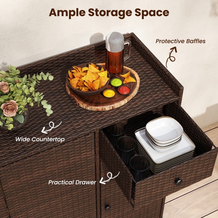 Outdoor PE wicker storage cabinet showcasing a wide countertop, practical drawer, and ample storage for patio.