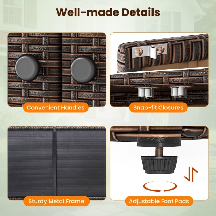 Close-up of the outdoor PE wicker storage cabinet showcasing convenient handles, snap-fit closures, and sturdy metal.