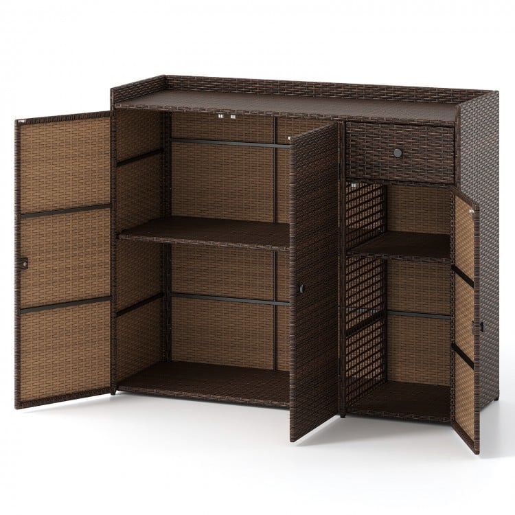 Outdoor PE wicker storage cabinet with three doors and a practical drawer, perfect for organizing essentials on the.