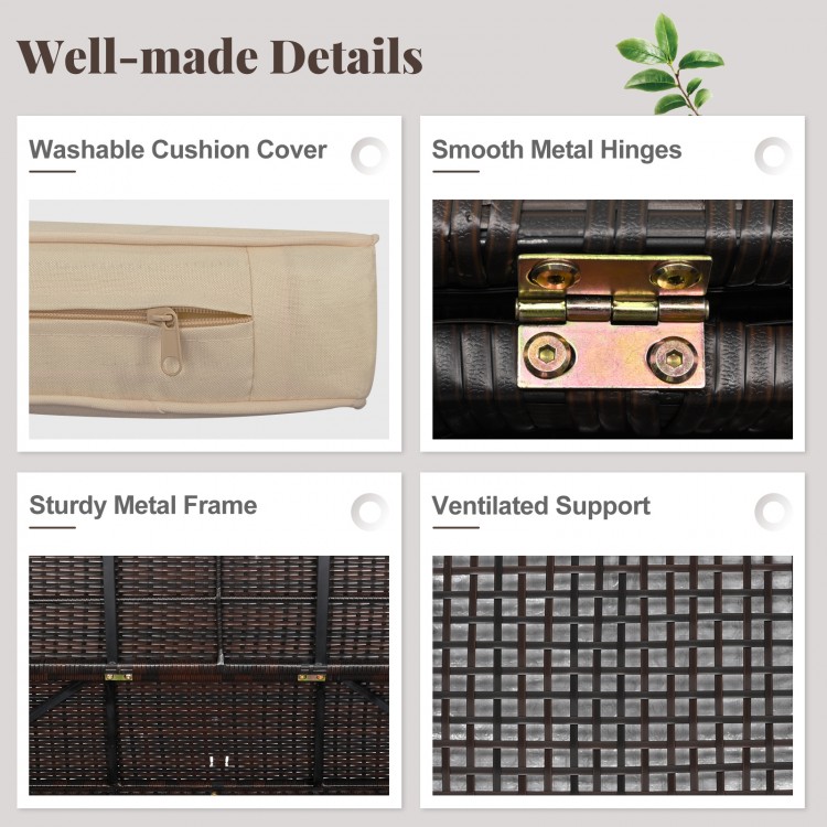 Close-up of smooth metal hinges on the outdoor PE wicker storage bench with cushion, showcasing durable construction.