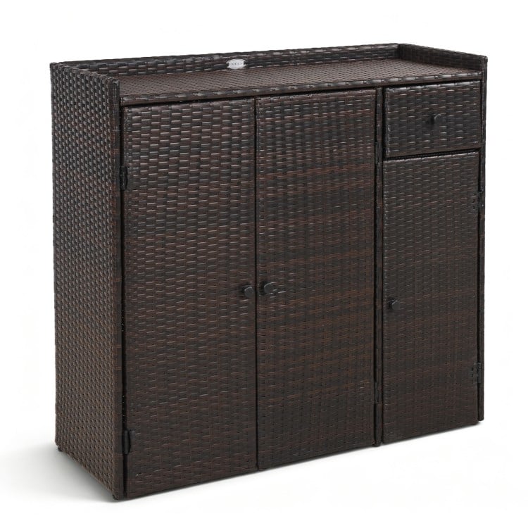 Outdoor PE wicker storage cabinet in brown with three doors, adjustable shelves, and a practical drawer for patio use.