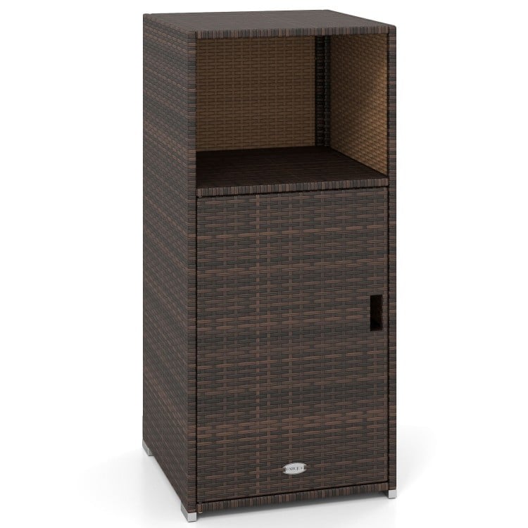 Outdoor PE wicker storage cabinet in brown with open compartment and door, ideal for patio organization.