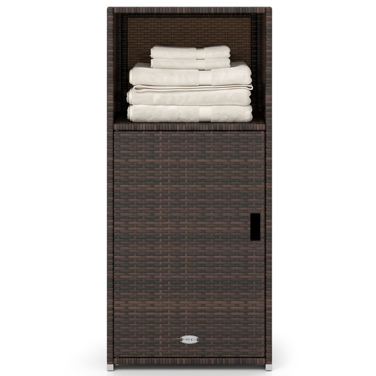 Outdoor PE wicker storage cabinet in brown with open compartment and closed door, ideal for patio organization.