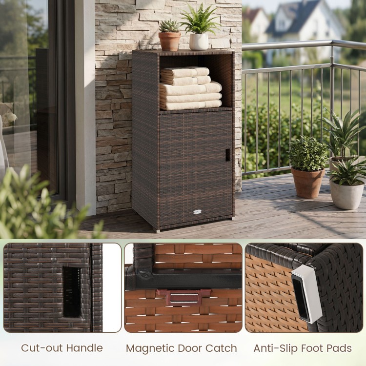 Outdoor PE wicker storage cabinet in brown with open compartment and magnetic door catch, ideal for patio organization.