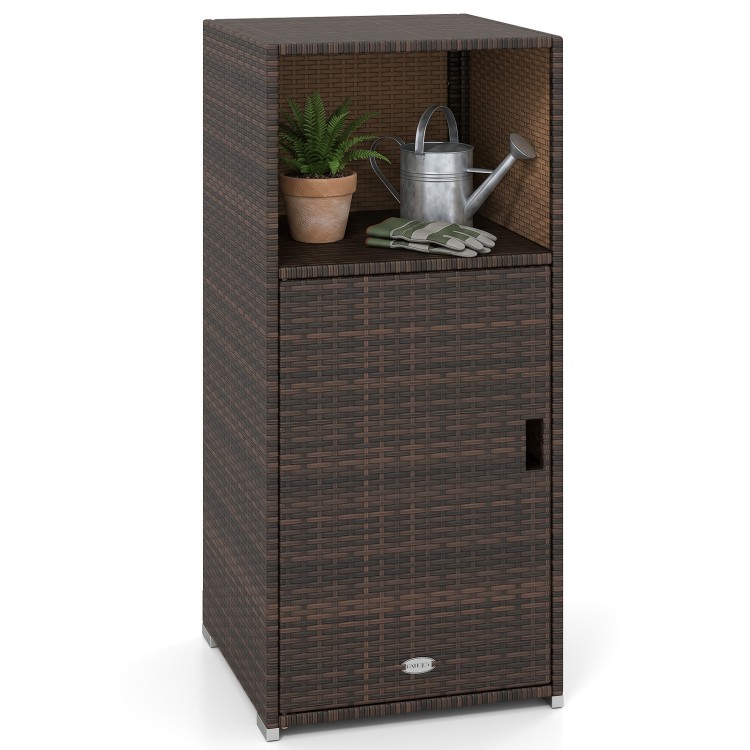 Outdoor PE wicker storage cabinet in brown features open shelves and a door for organized patio storage.