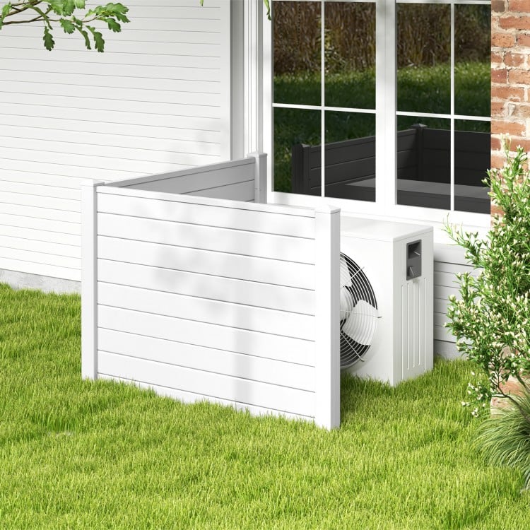 Outdoor PVC air conditioner fence in white, featuring 20-inch stakes for easy installation and privacy for outdoor.