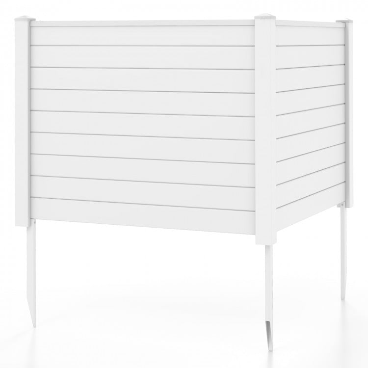 White outdoor PVC air conditioner fence with 20-inch stakes, ideal for privacy around AC units and gardens.