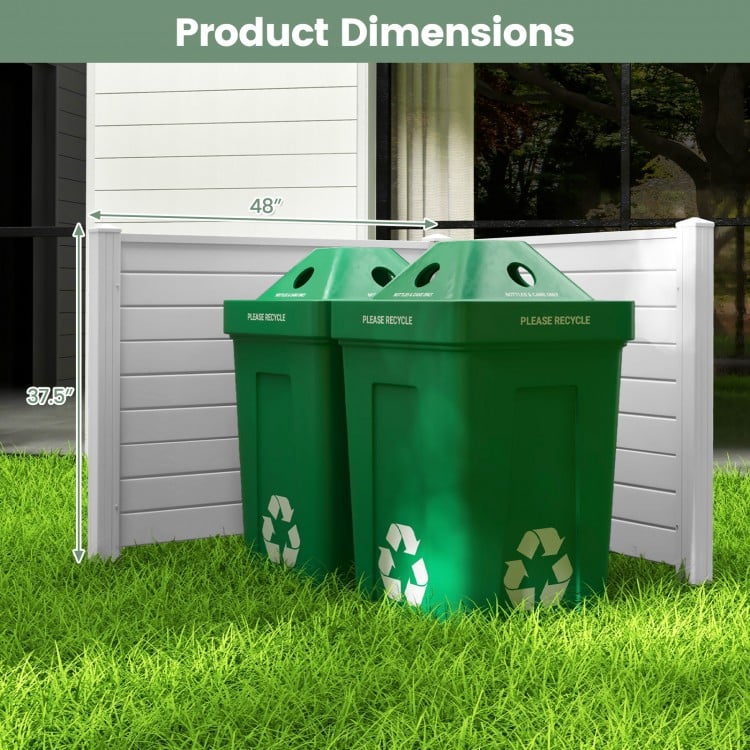 Outdoor PVC air conditioner fence with two green recycling bins, showcasing product dimensions of 48" x 37.5".