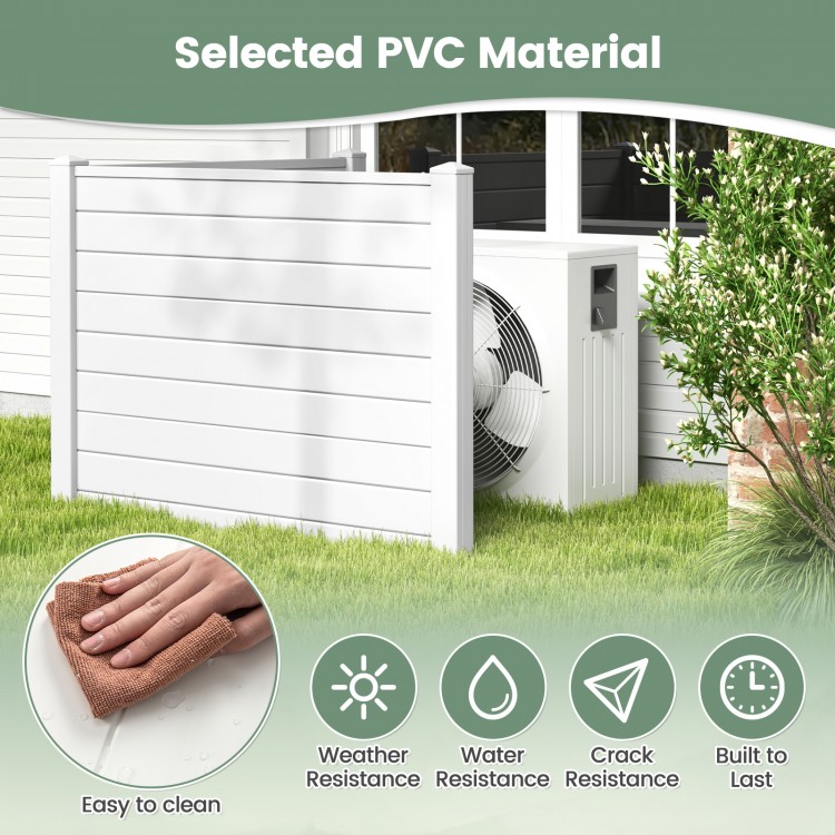 Outdoor PVC air conditioner fence in white, featuring weather-resistant material and easy installation with long stakes.