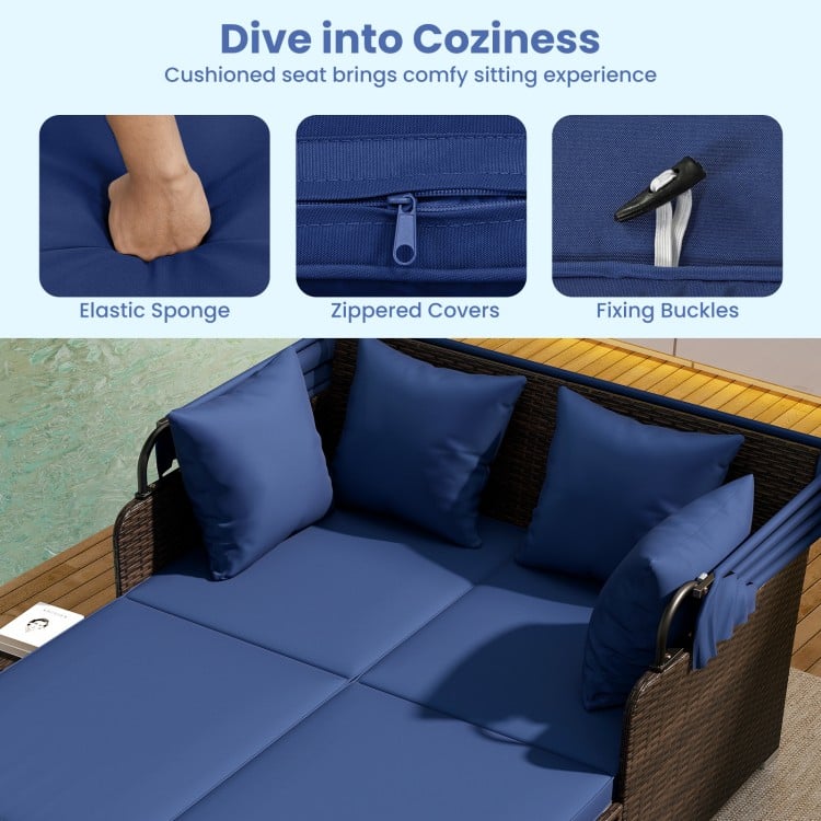 Navy cushion detail of the Outdoor Patio Rattan Daybed with zippered covers and fixing buckles for easy maintenance.