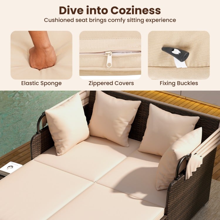 Cushioned seat of the outdoor patio rattan daybed in beige, featuring zippered covers and fixing buckles for easy.