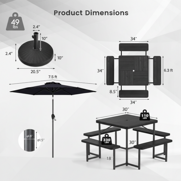 Dimensions of the Outdoor Picnic Table Bench Set with Umbrella, suitable for 4-8 people, featuring a 7.5 ft umbrella.