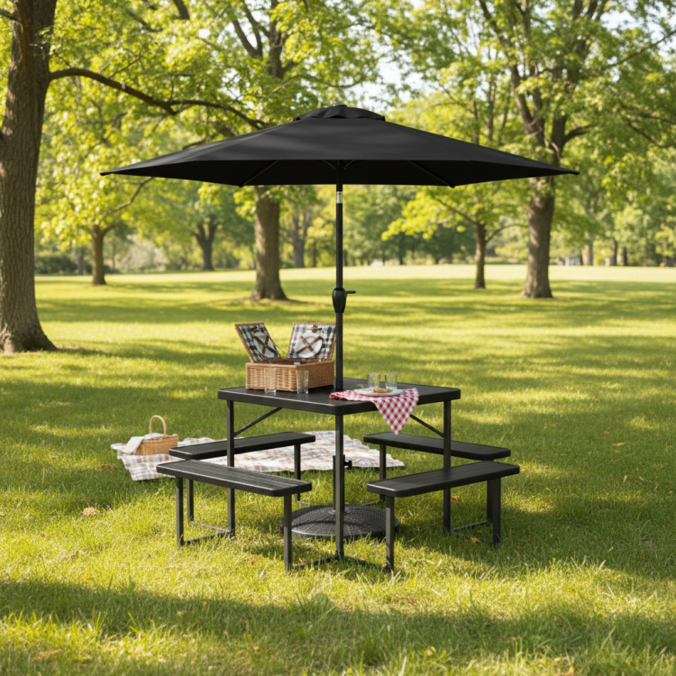 Outdoor picnic table bench set with a 7.5 ft umbrella, seating 4-8 people, perfect for gardens and patios.