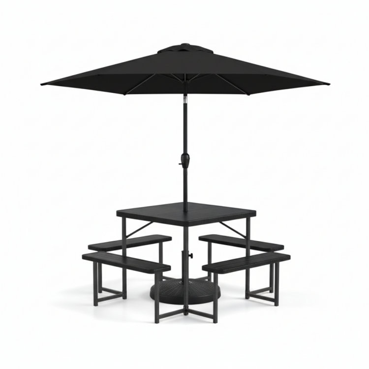 Outdoor picnic table bench set with a 7.5 ft umbrella, seating 4-8 people, ideal for patios and gardens.