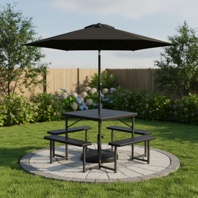 Outdoor picnic table bench set with a 7.5 ft umbrella, seating 4-8 people, perfect for backyard dining and relaxation.