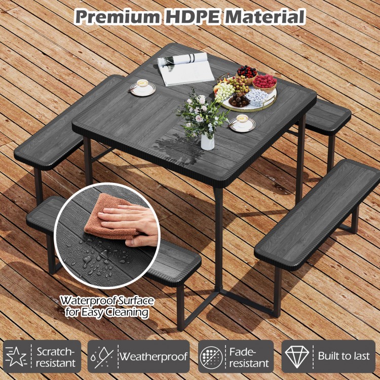 Outdoor picnic table bench set with umbrella, featuring waterproof HDPE material, ideal for patios and gardens.