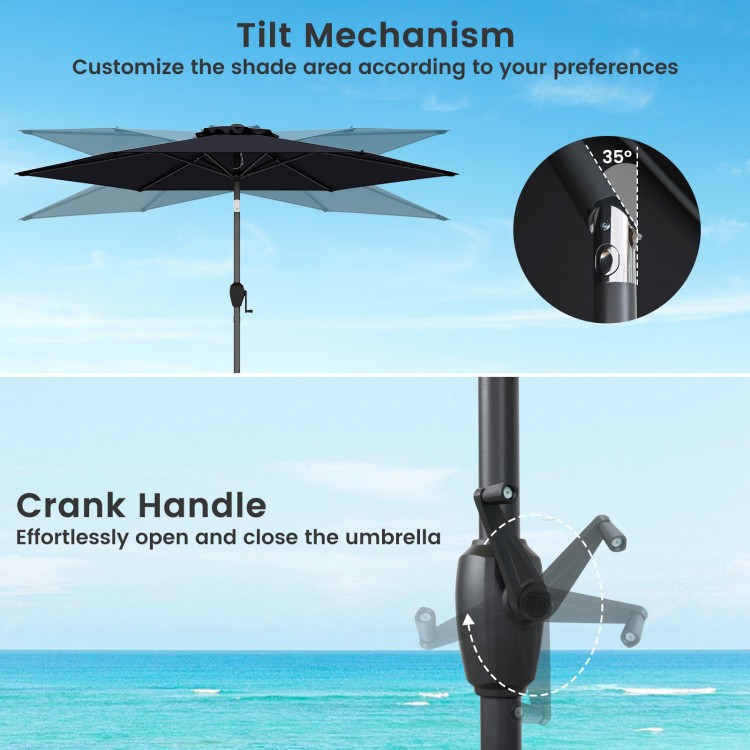 Tilt mechanism and crank handle of a 7.5 ft outdoor umbrella for easy shade adjustment and operation.