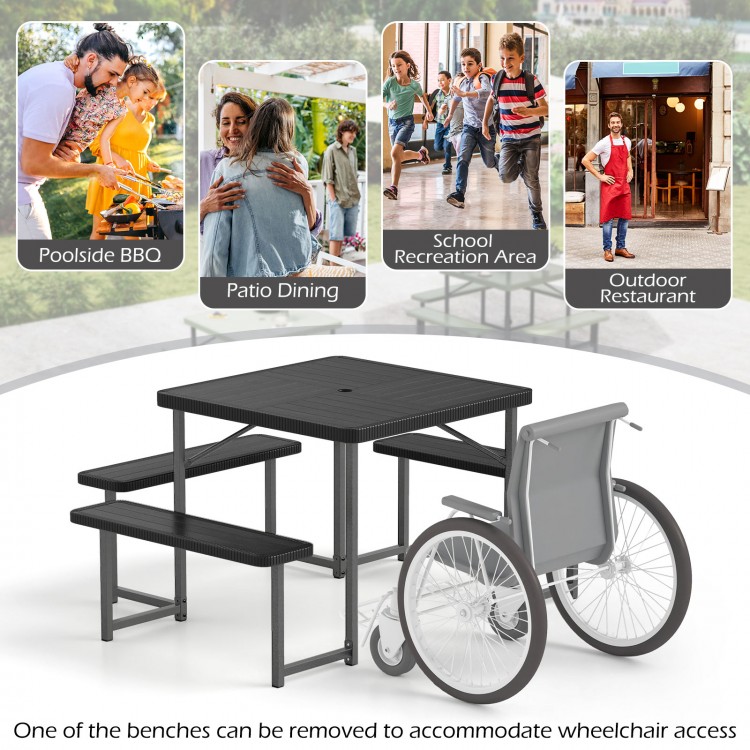 Outdoor picnic table bench set with umbrella for 4-8 people, featuring durable HDPE surfaces and reinforced metal.