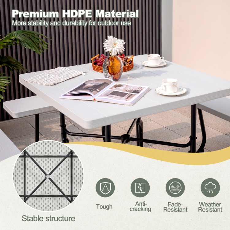 Outdoor picnic table with 4 benches in white HDPE, featuring an umbrella hole, perfect for outdoor gatherings.